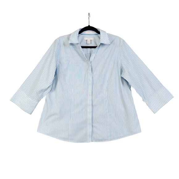 Chicos Womens No Iron Striped Shirt Large Blue White Metallic Stripe 3/4 Sleeves - Picture 1 of 8